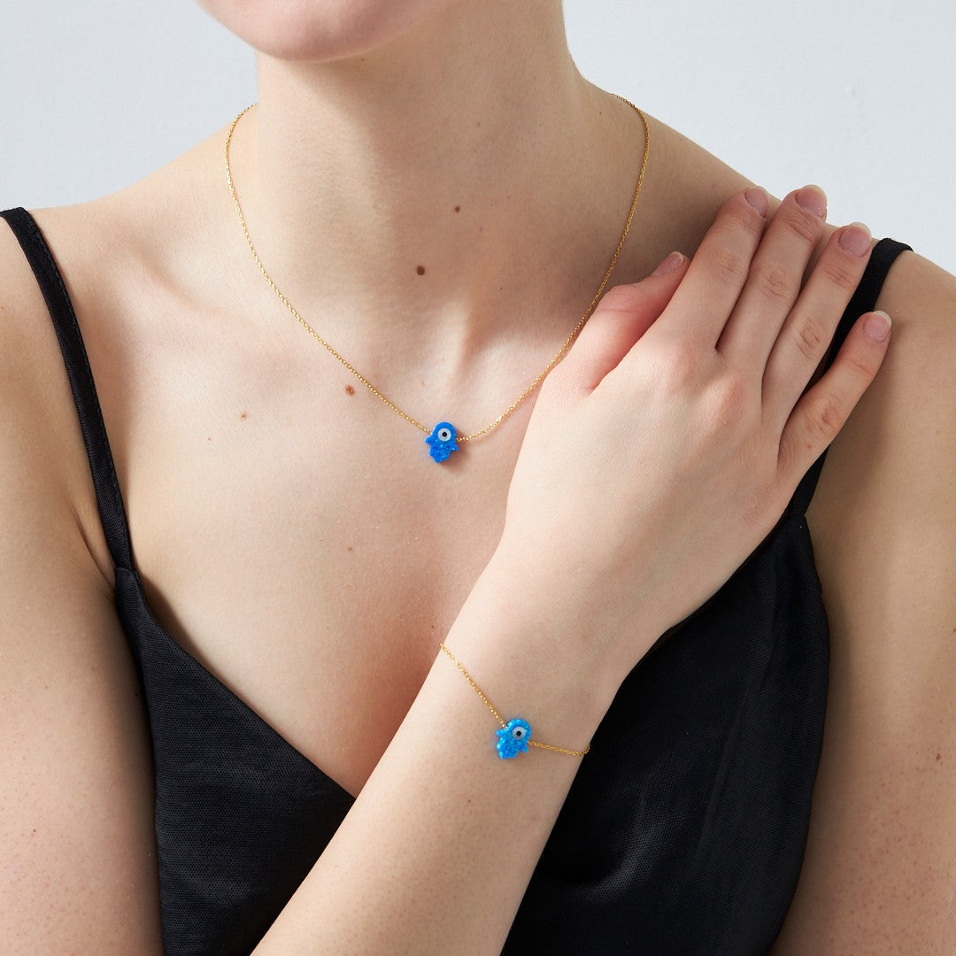 Opal Taşlı Orjinal Fatma Eli Set - 925 GÜMÜŞ