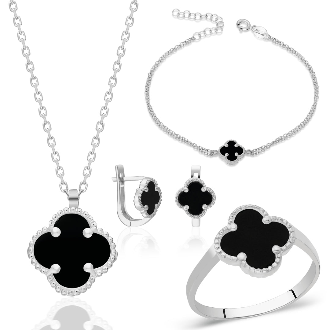 Siyah Taşlı Yonca Set - 925 GÜMÜŞ