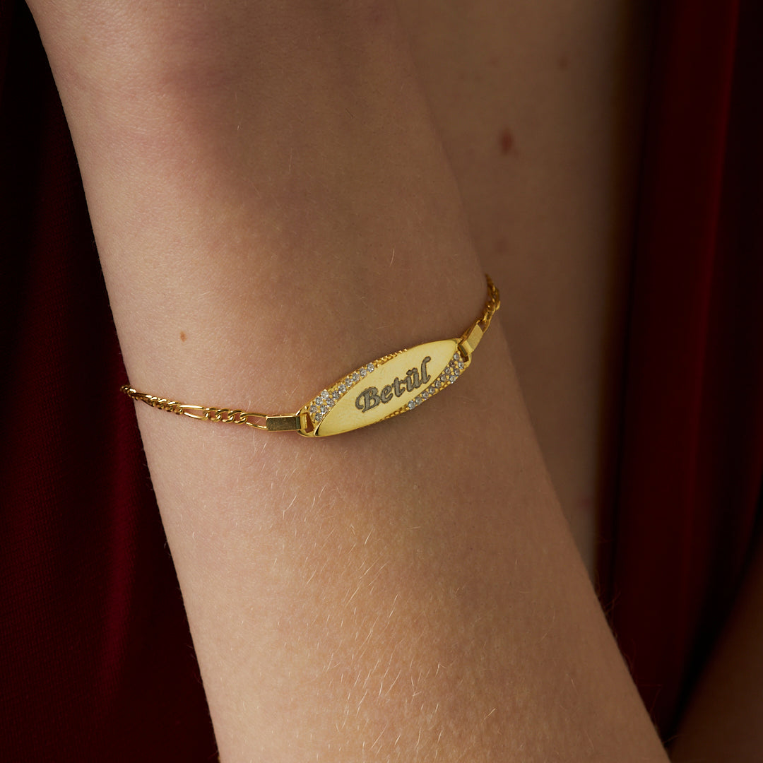 Oval Taşlı İsimli Bebek Künyesi - 925 GÜMÜŞ