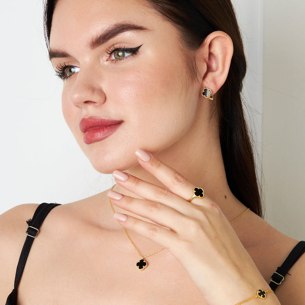 Siyah Taşlı Yonca Set - 925 GÜMÜŞ