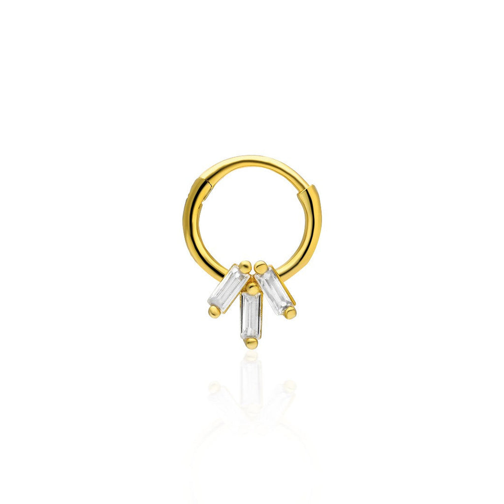 Üç Taşlı Baget Yuvarlak Piercing - 925 GÜMÜŞ