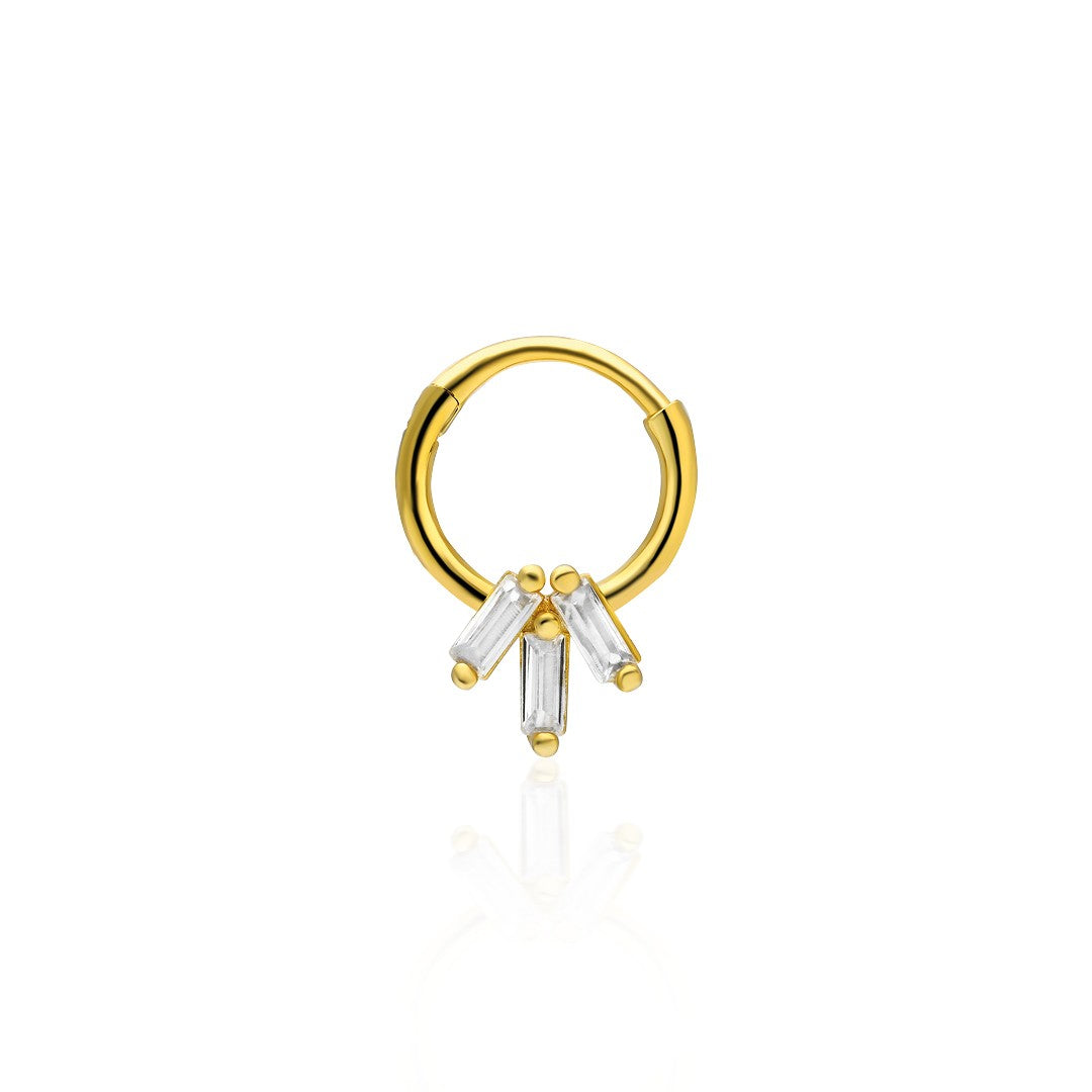 Üç Taşlı Baget Yuvarlak Piercing - 925 GÜMÜŞ
