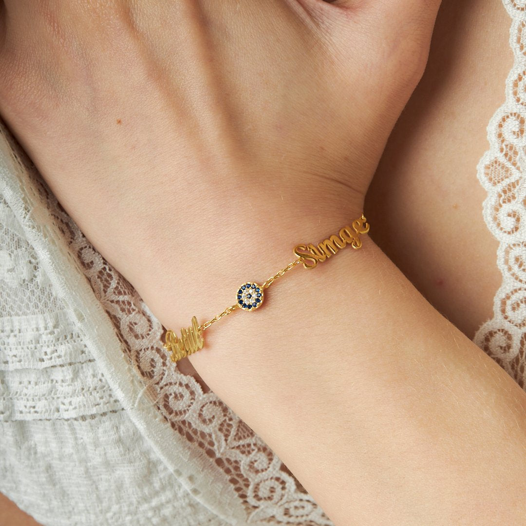 Nazar Taşlı İki İsimli Bileklik - 925 GÜMÜŞ