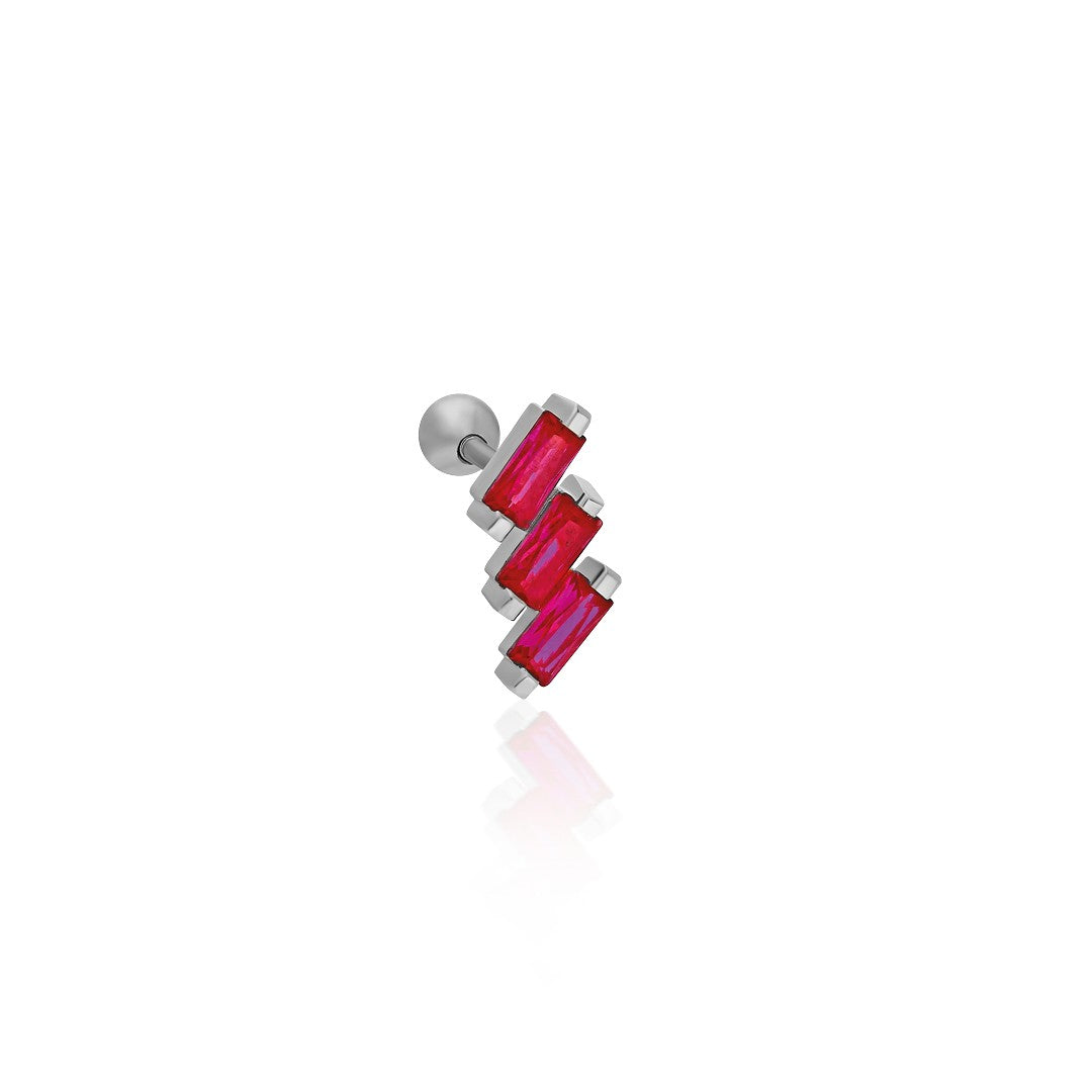 Kırmızı Baget Taşlı Piercing - 925 GÜMÜŞ
