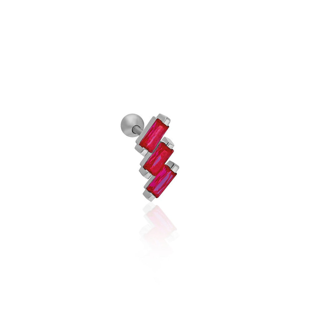 Kırmızı Baget Taşlı Piercing - 925 GÜMÜŞ