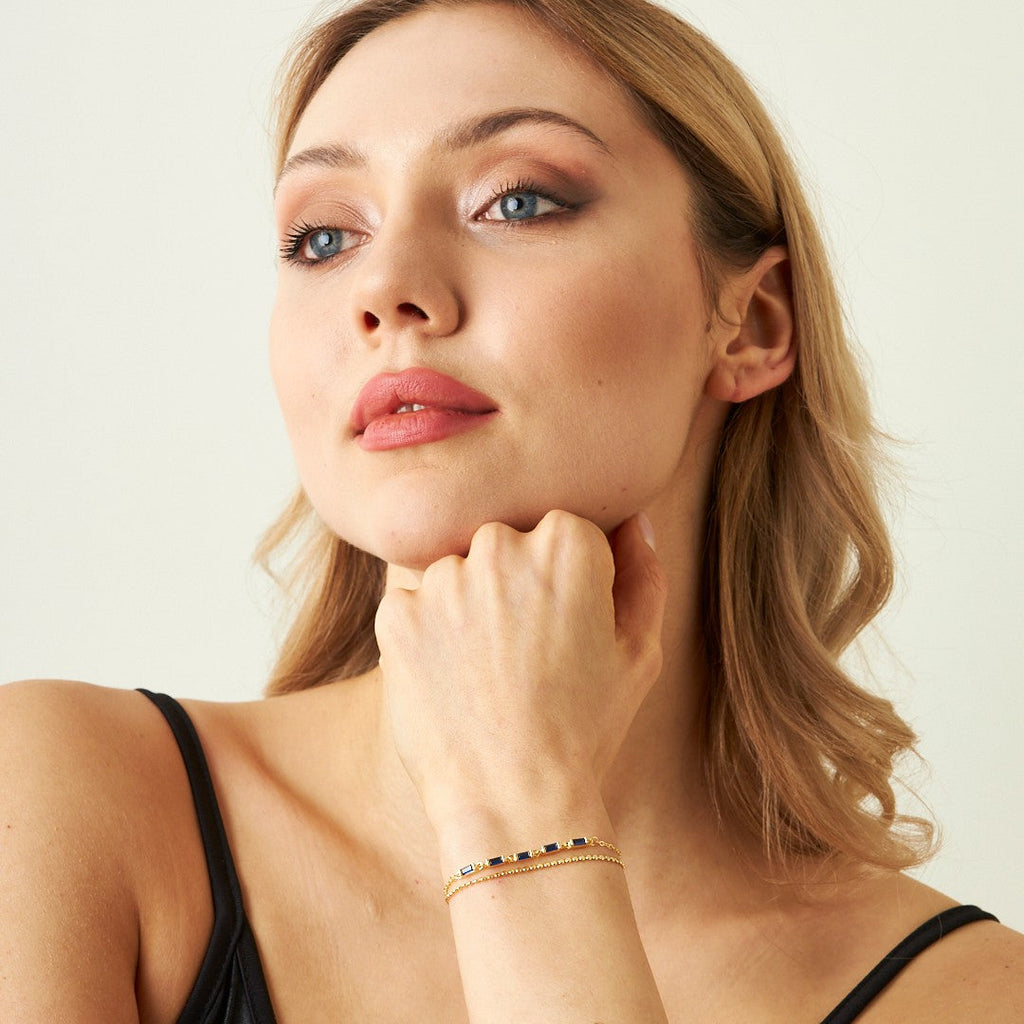 Renkli Taşlı Baget Zincir Bileklik - 925 GÜMÜŞ