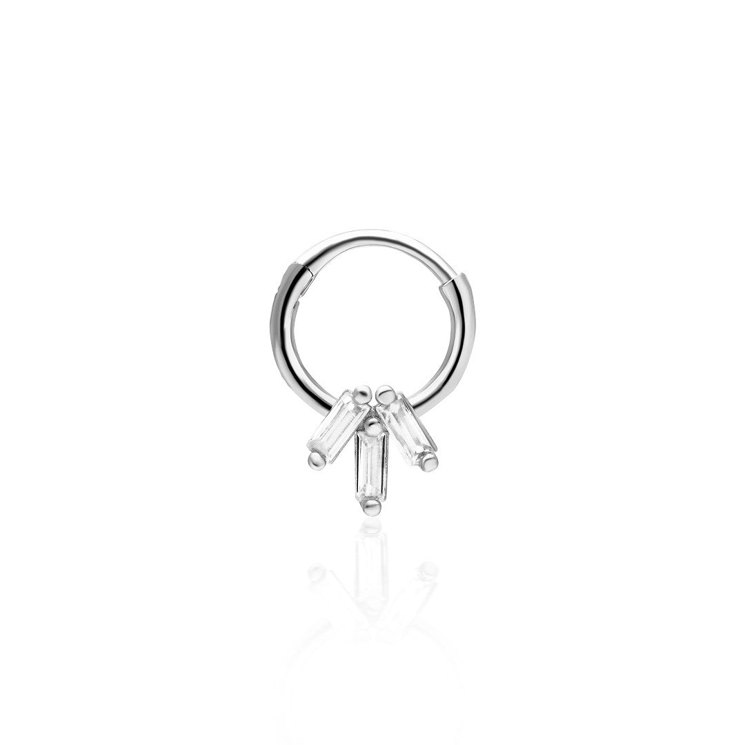 Üç Taşlı Baget Yuvarlak Piercing - 925 GÜMÜŞ