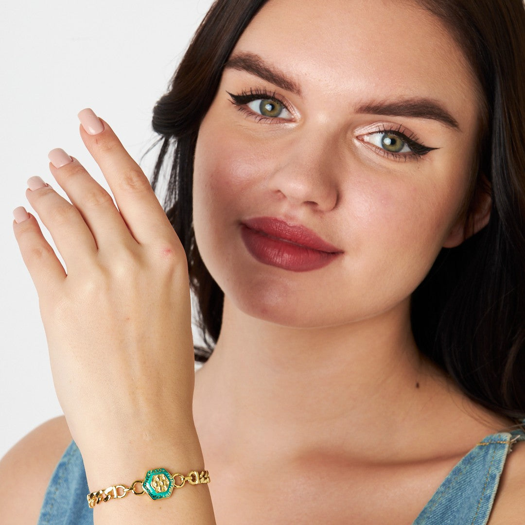 Renkli Altıgen Çift Zincir Bileklik - 925 GÜMÜŞ