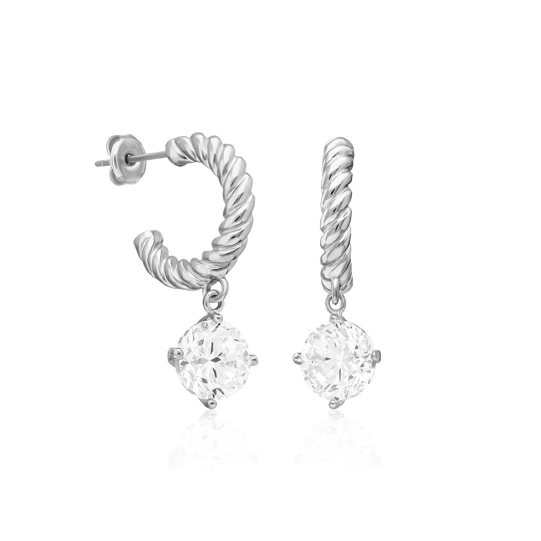 Bükülmüş Halkalı Tek Taş Küpe - 925 GÜMÜŞ
