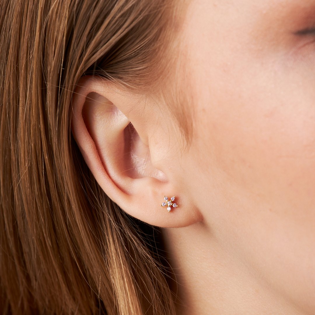 Pembe Taşlı Çiçek Piercingi - 925 GÜMÜŞ