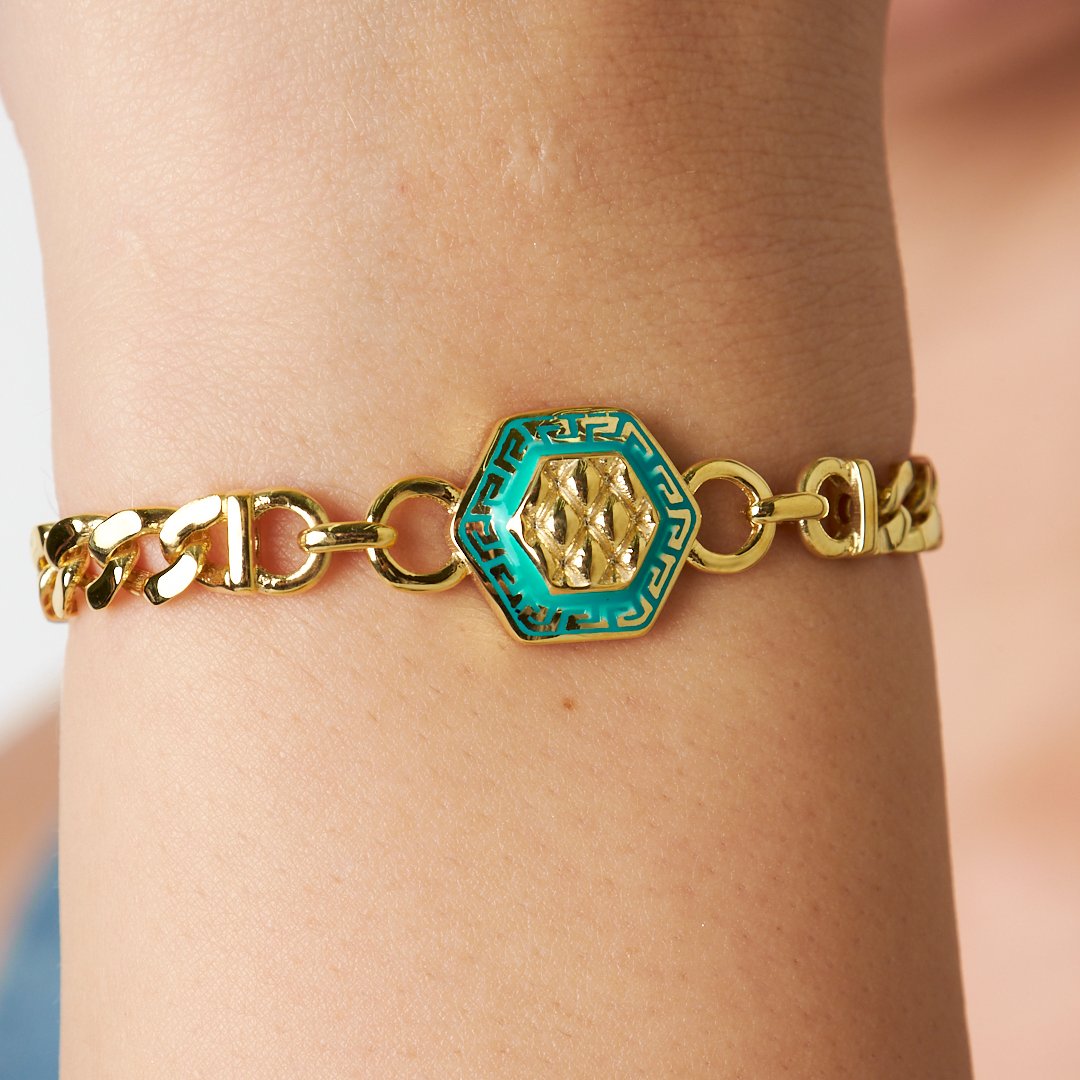 Renkli Altıgen Çift Zincir Bileklik - 925 GÜMÜŞ