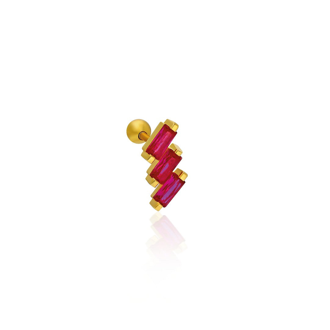 Kırmızı Baget Taşlı Piercing - 925 GÜMÜŞ