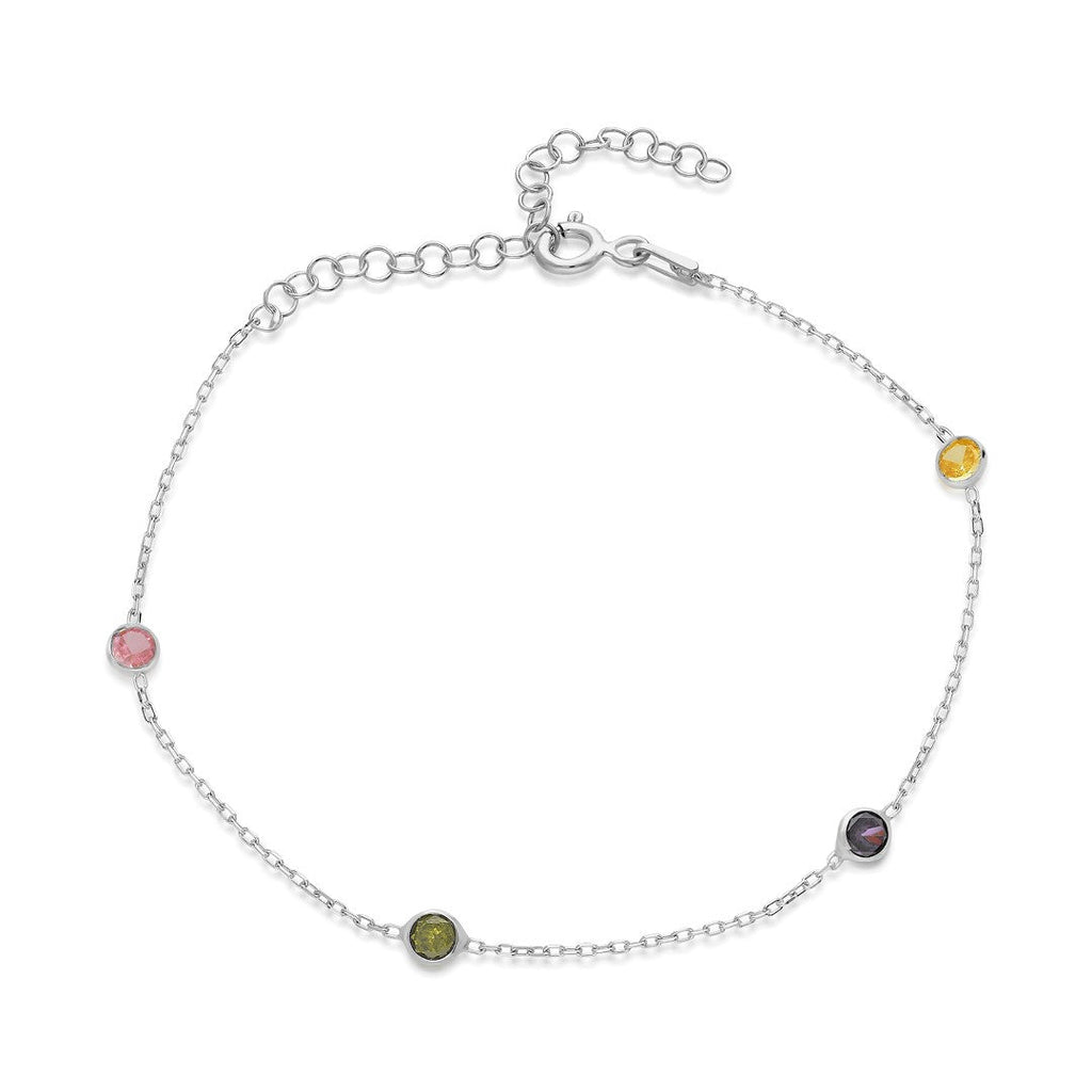Üç Taşlı Renkli Zincir Bileklik - 925 GÜMÜŞ