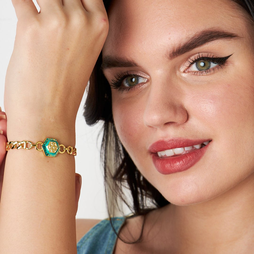 Renkli Altıgen Çift Zincir Bileklik - 925 GÜMÜŞ