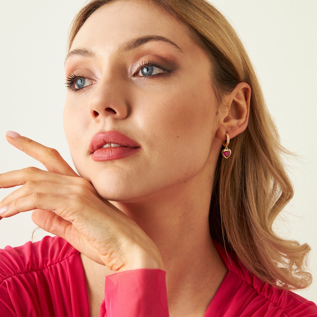 Pembe Taşlı Kalp Küpe - 925 GÜMÜŞ