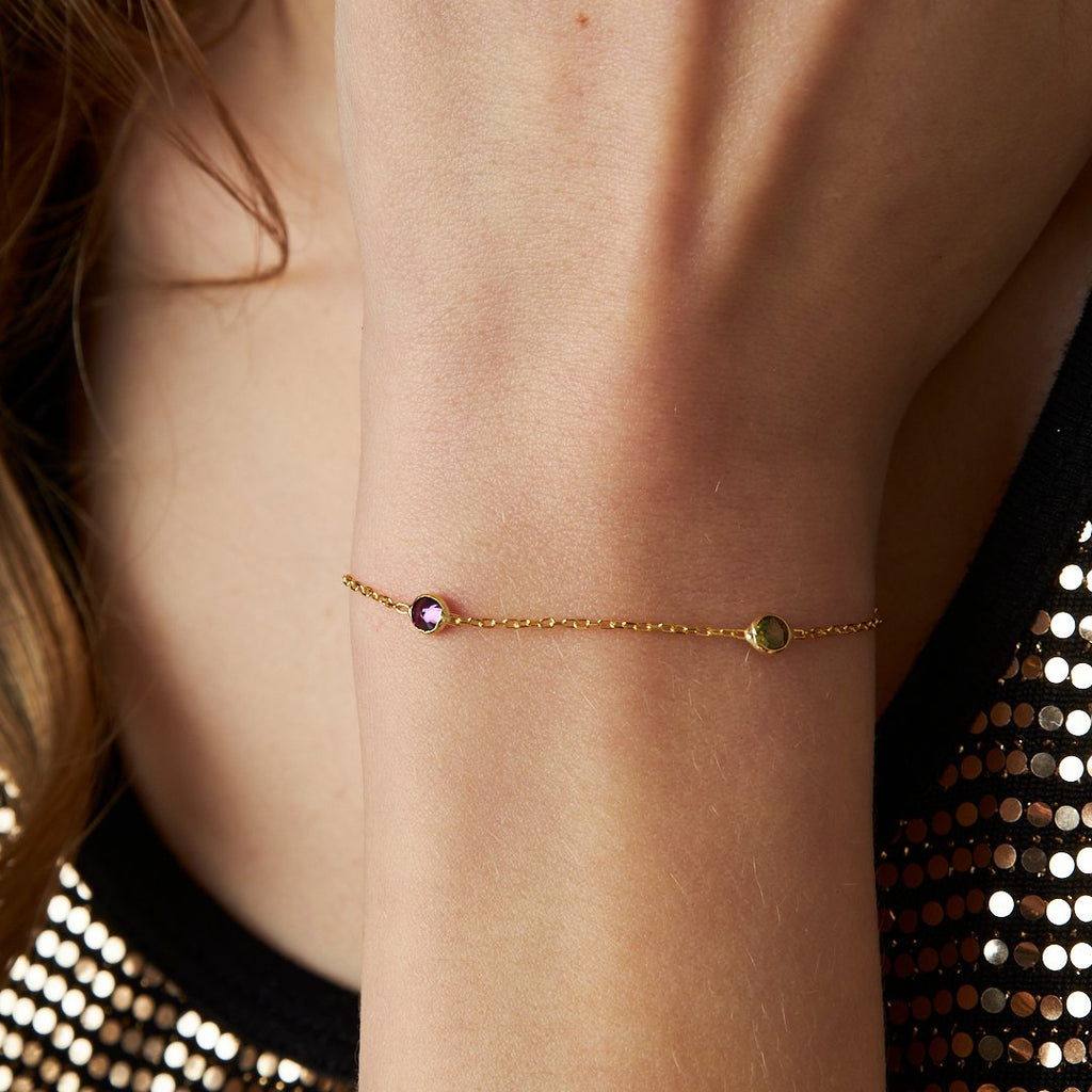 Üç Taşlı Renkli Zincir Bileklik - 925 GÜMÜŞ