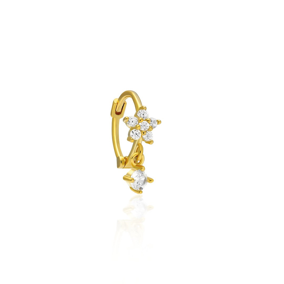 Tek Taş Sallanan Çiçek Piercing - 925 GÜMÜŞ