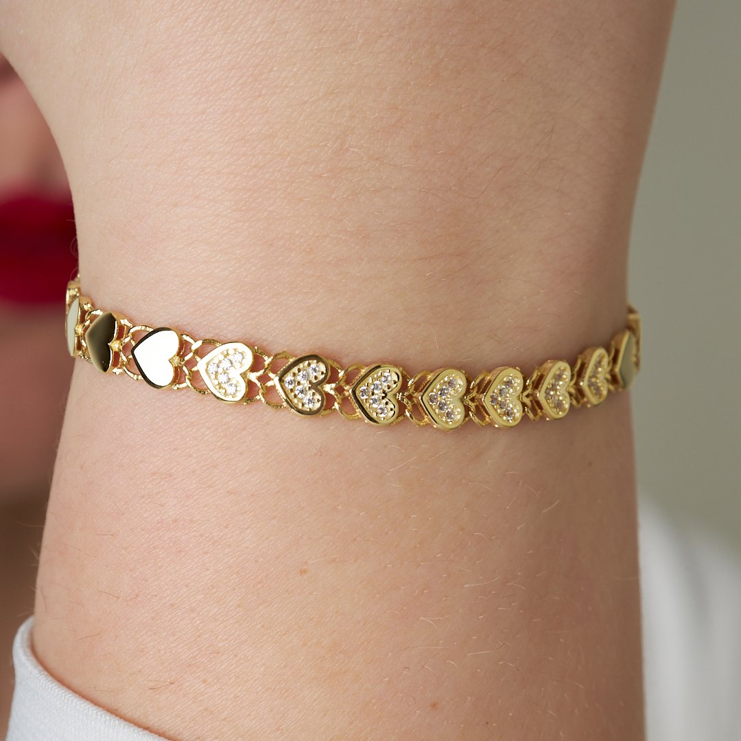 Sıralı Kalpli Taşlı Bileklik - 925 GÜMÜŞ