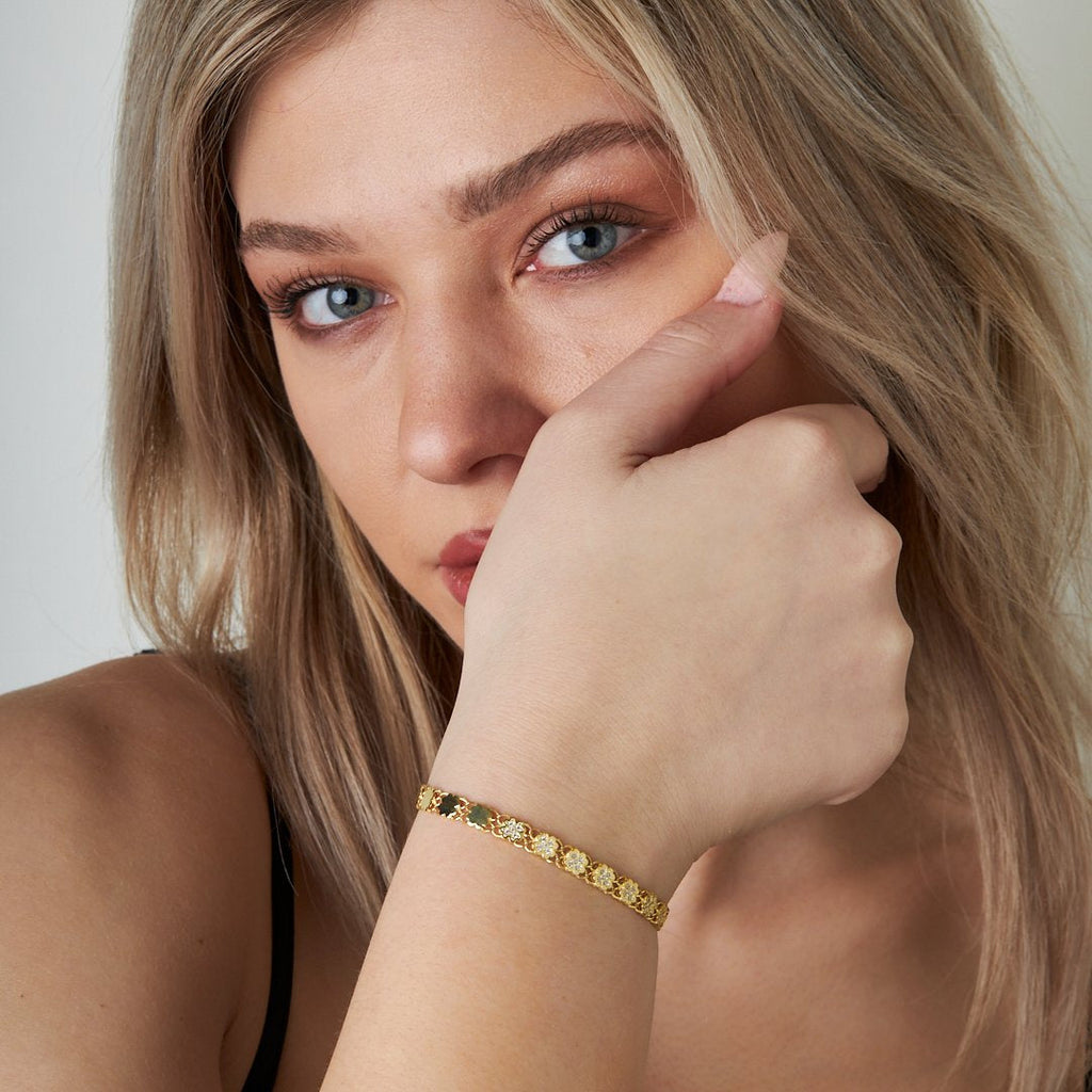 Yarı Dğerli Taşlı Yaprak Zincir Bileklik - 925 GÜMÜŞ