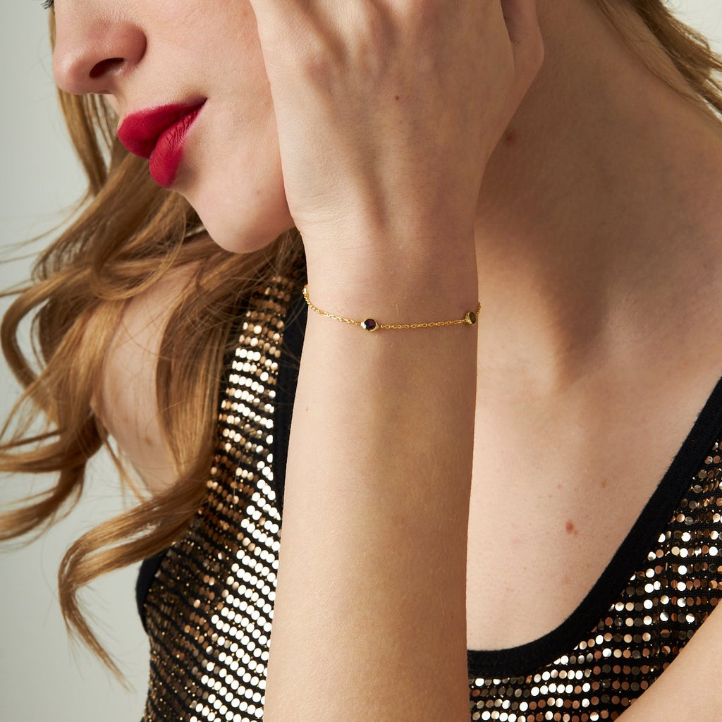 Üç Taşlı Renkli Zincir Bileklik - 925 GÜMÜŞ