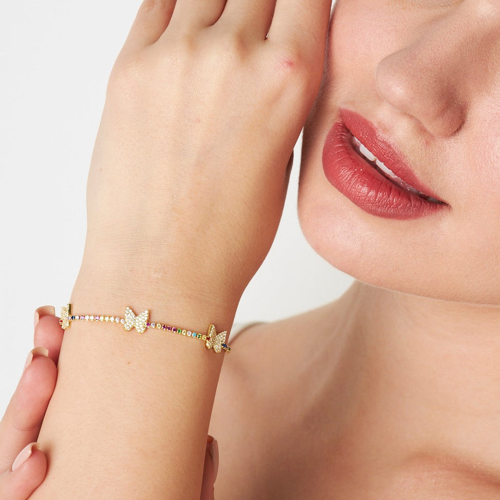 Renkli Taşlı Kelebek Bileklik - 925 GÜMÜŞ