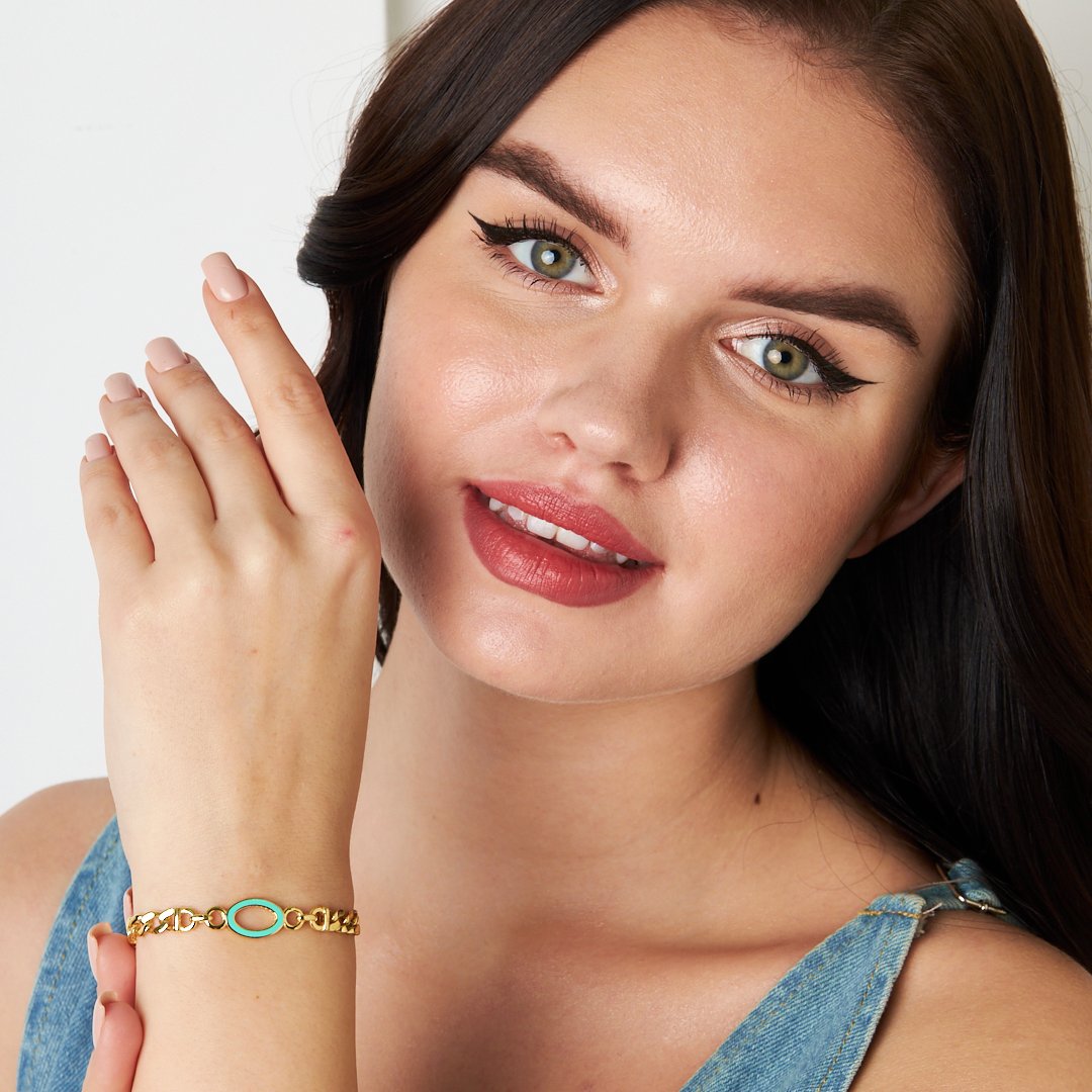 Renkli Oval Çift Zincir Bileklik - 925 GÜMÜŞ