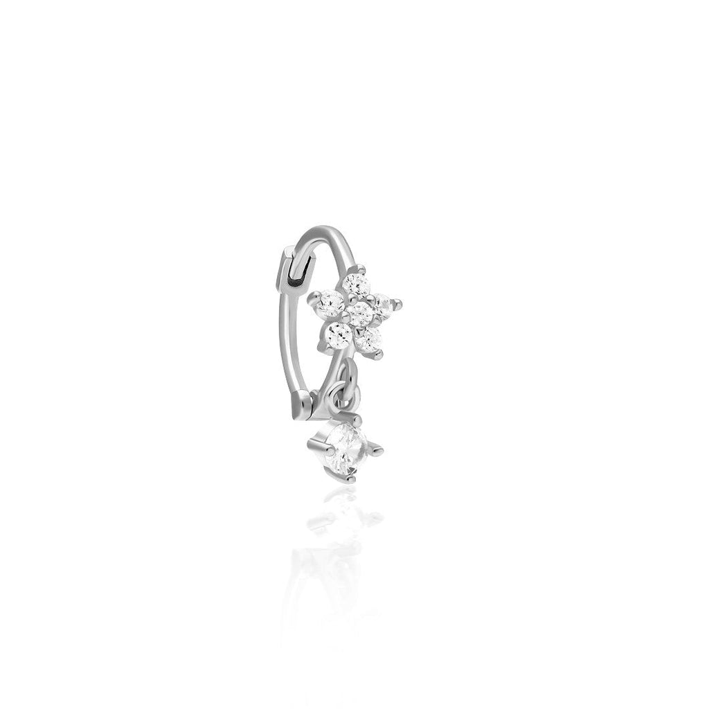 Tek Taş Sallanan Çiçek Piercing - 925 GÜMÜŞ