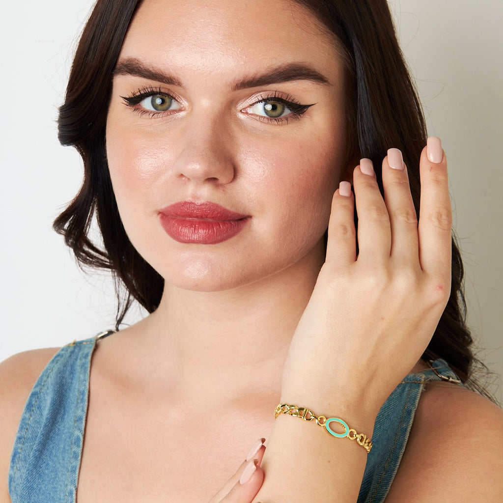 Renkli Oval Çift Zincir Bileklik - 925 GÜMÜŞ